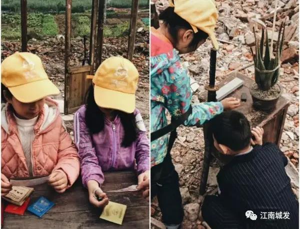 △ 學生仔細端詳已經不再使用的各種紙質老證件 △ 觀展學生對播放的聲音場特別好奇，蹲下認真側耳傾聽